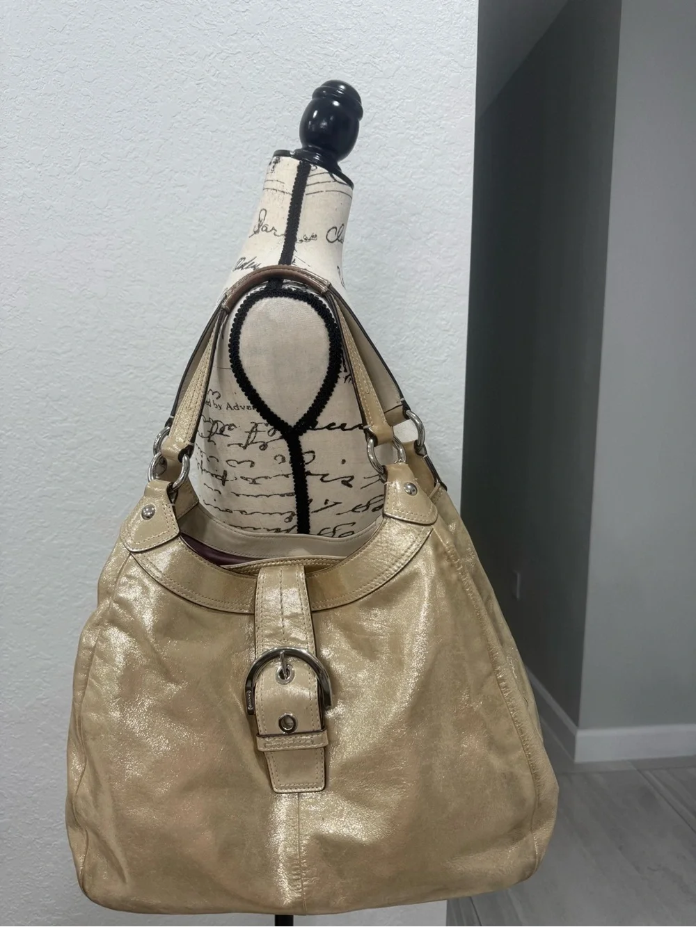 Coach Metallic Gold Leather Hobo Shoulder Bag Large Buckle Silver Hardware